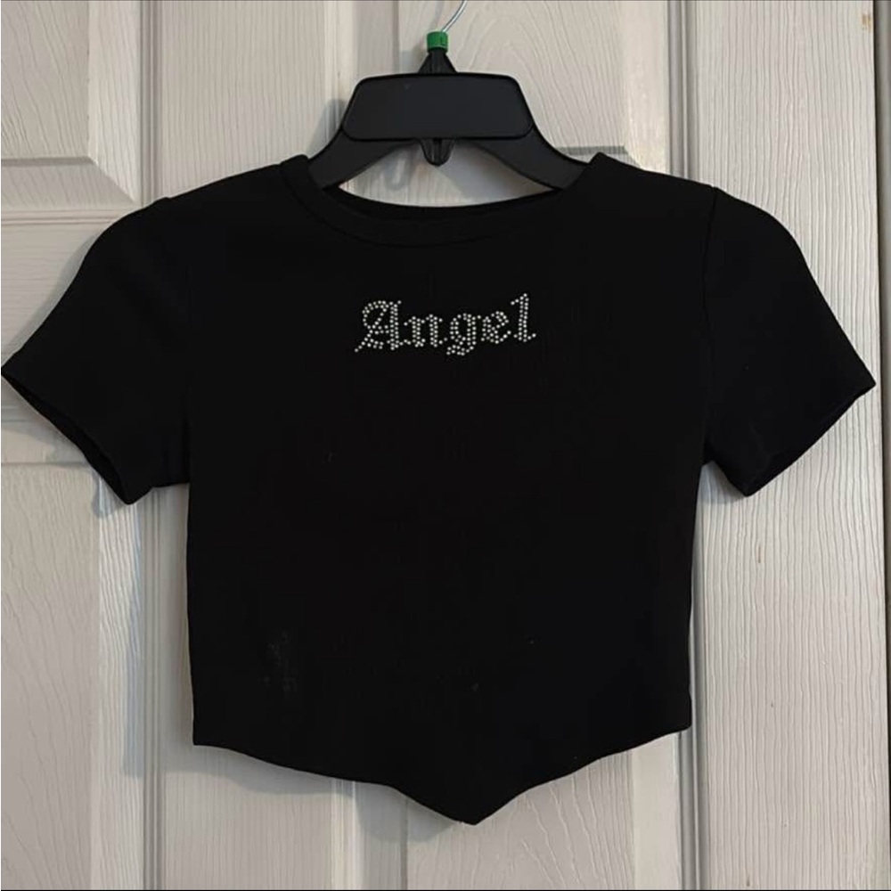 Elegant Black Crop Top with Angel Rhinestone Design